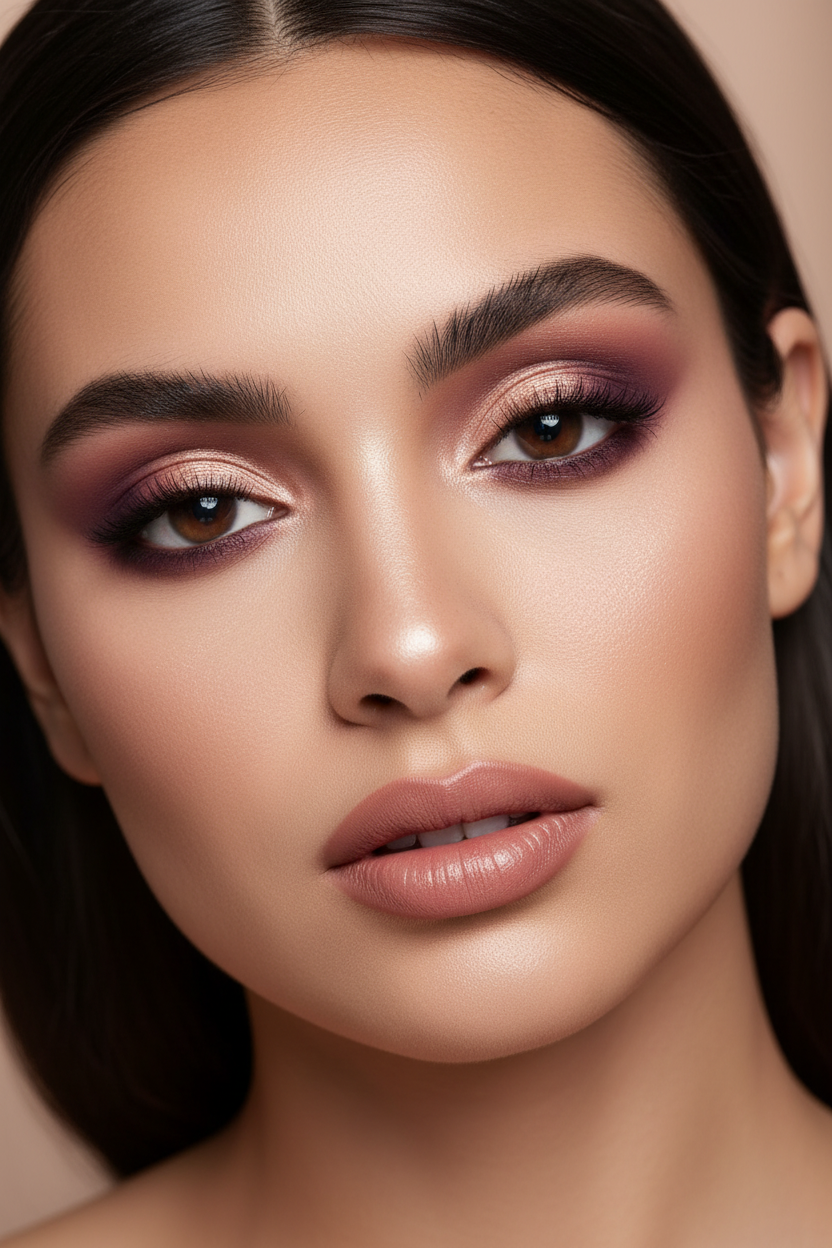 Model wearing rose-gold smoky eye look created with the palette