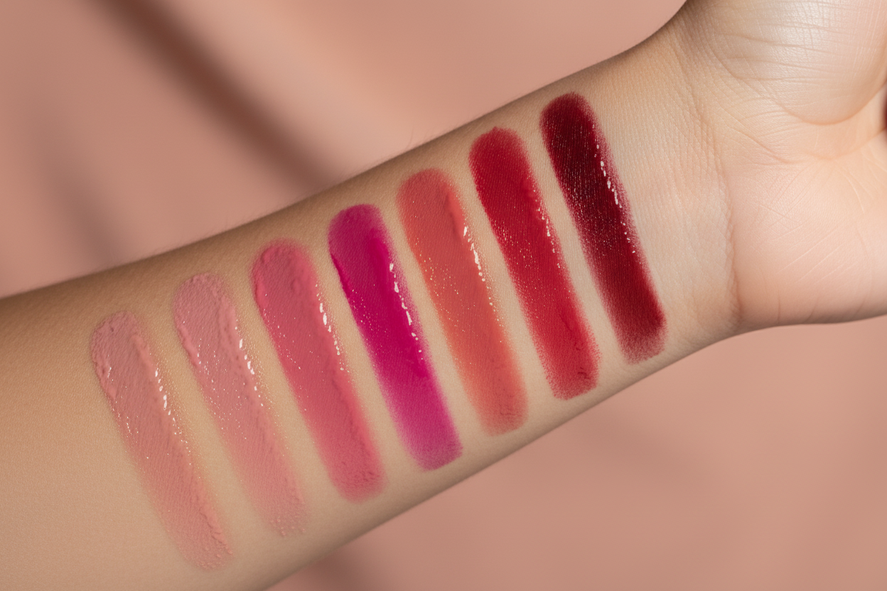 Color comparison swatches of all seven lip gloss shades on skin