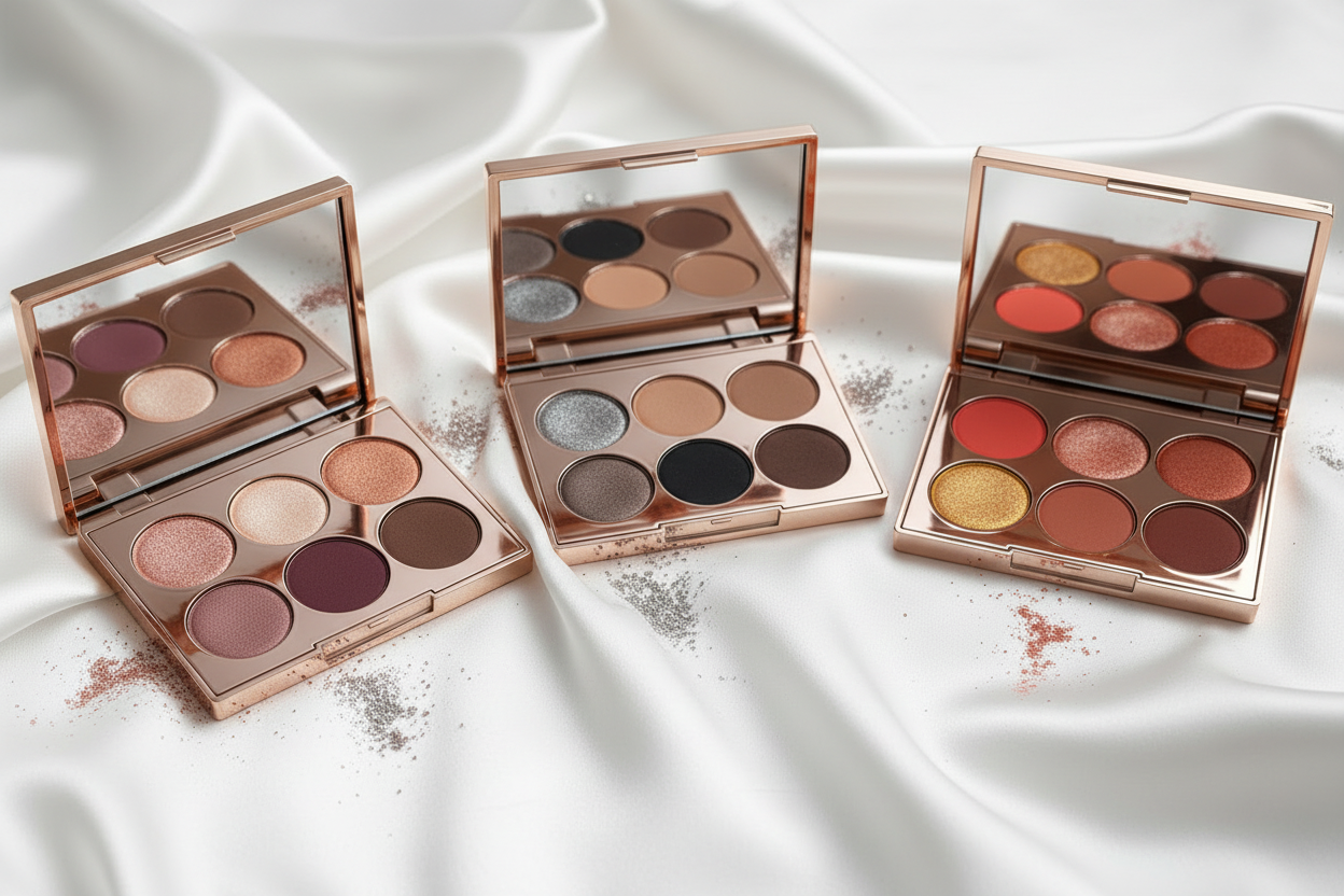 Three palette variants: Rosewood Reverie, Smoky Nude, and Sunset Coral side by side