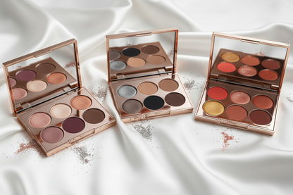 Three palette variants: Rosewood Reverie, Smoky Nude, and Sunset Coral side by side
