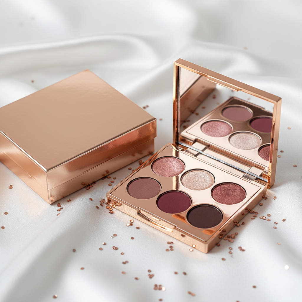 Eyeshadow palette with luxury rose-gold gift box packaging on white silk
