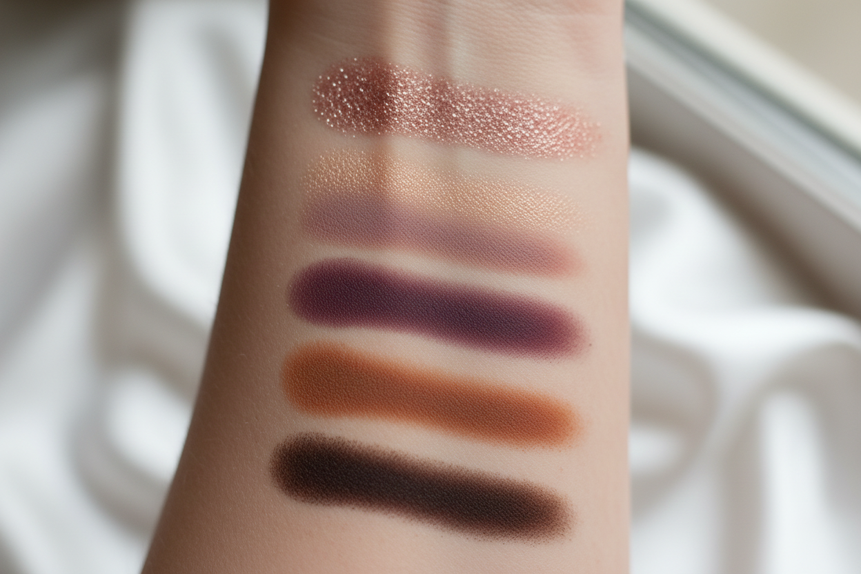 Six eyeshadow shade swatches on skin showing color comparison across all tones