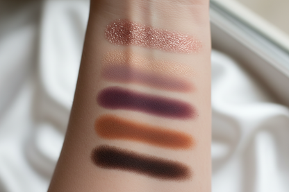 Six eyeshadow shade swatches on skin showing color comparison across all tones