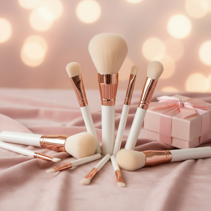 Makeup brush set displayed with luxury pink gift box packaging
