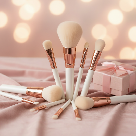 Makeup brush set displayed with luxury pink gift box packaging