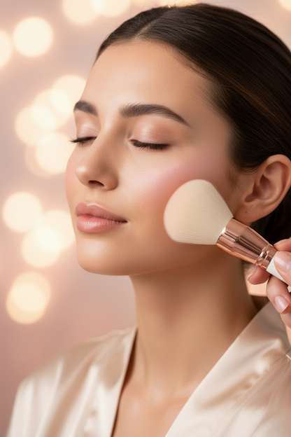 Model applying blush with fluffy white makeup brush showing real-use result
