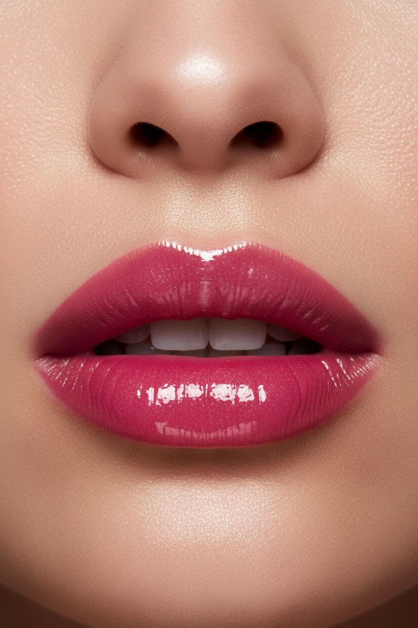 Model wearing magenta-pink lip gloss showing actual wear result