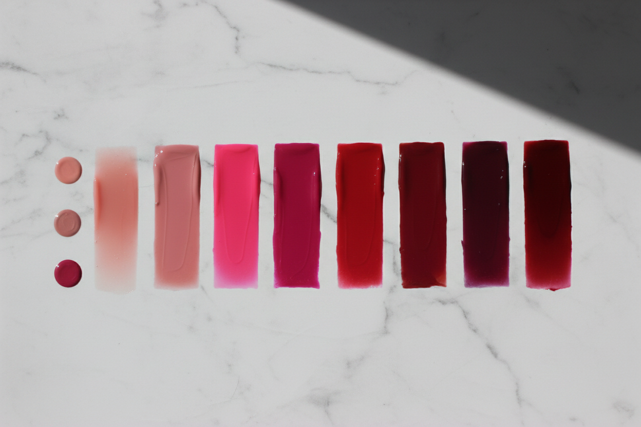 Seven lip gloss shade variants displayed on marble surface