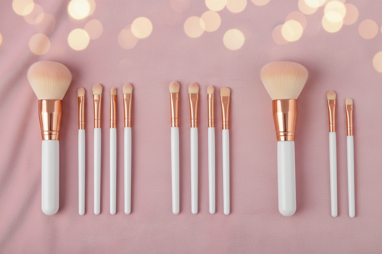 Three brush set variants: 10-piece complete set, 5-piece eye set, and 3-piece face set