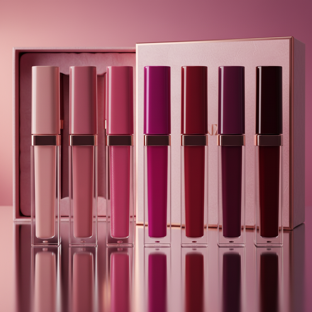 Velvet Aura lip gloss collection with luxury gift box packaging