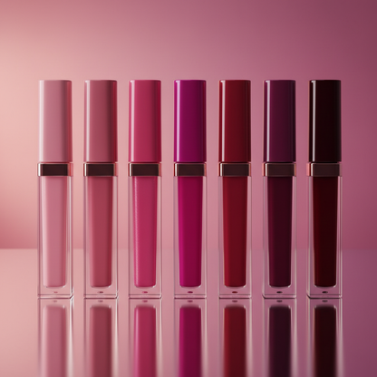 Seven liquid lip gloss tubes arranged in a row showing full shade range from nude pink to deep burgundy