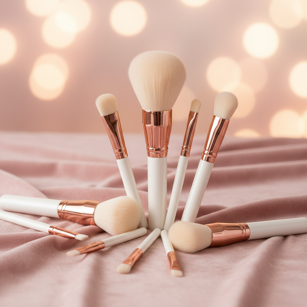 Full makeup brush set with white handles and rose-gold ferrules arranged on pink fabric with bokeh lights