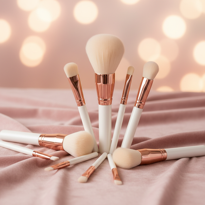 Full makeup brush set with white handles and rose-gold ferrules arranged on pink fabric with bokeh lights