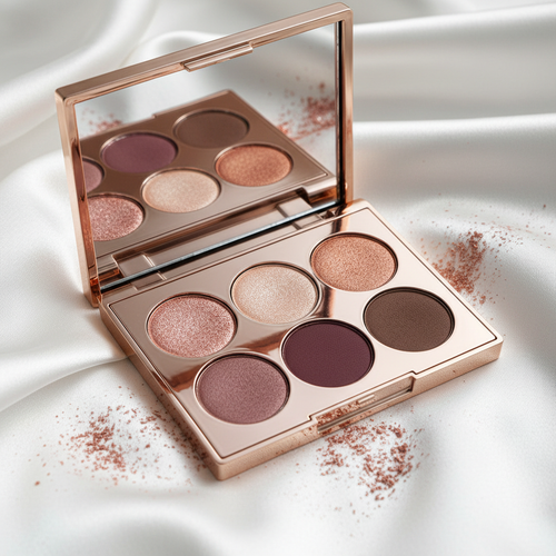 Open rose-gold 6-pan eyeshadow palette showing shimmer and matte shades on white silk with scattered glitter